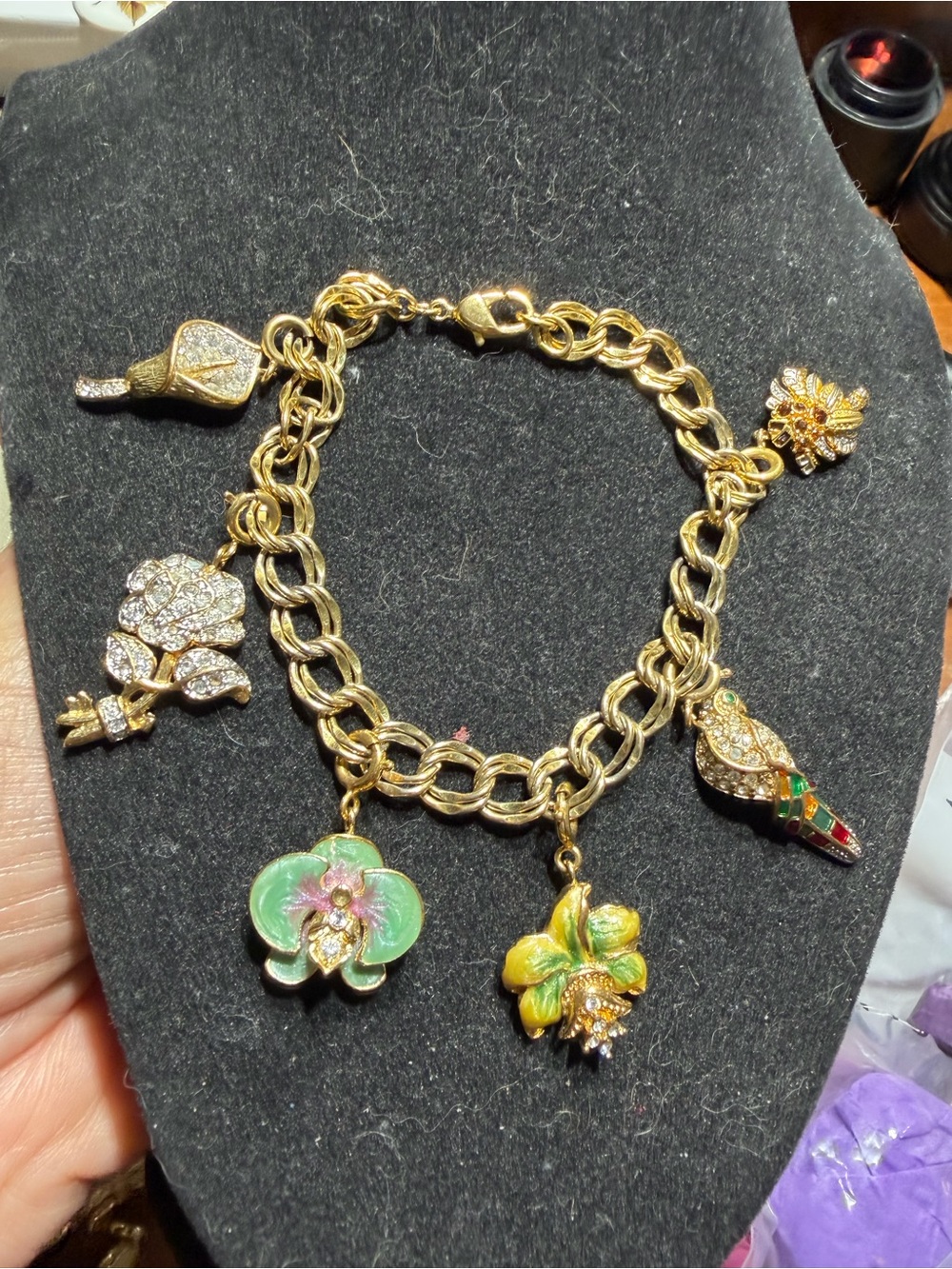 Vintage Nolan Miller Gold Tone Enamel Rhinestone Six Charm Bracelet